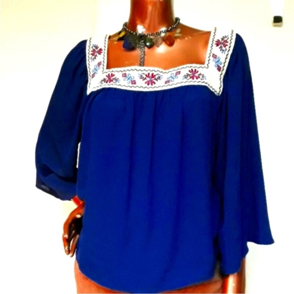 Flying Tomato 3/4 Length Sleeve Navy Blue Embroidered Boho Chic Blouse Sz L - Picture 10 of 10